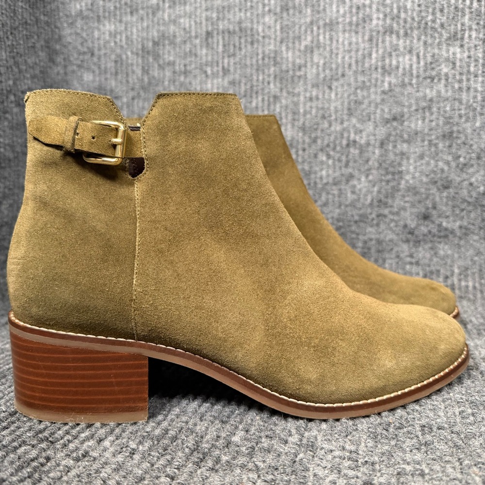 Cole Haan Suede Ankle Booties Women 9.5B Olive Green Block Heel Side Zip Buckle